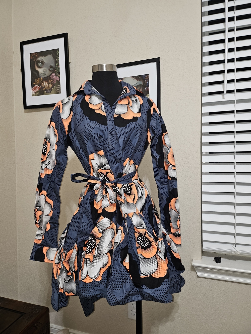 Grass-fields Floral Belted Shirt Dress in Blue and Orange Sz US6/UK10